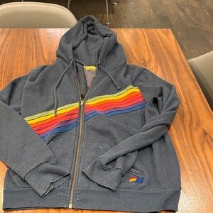 Aviator Nation Navy Zip-Up Hoodie with Rainbow Chest Stripe